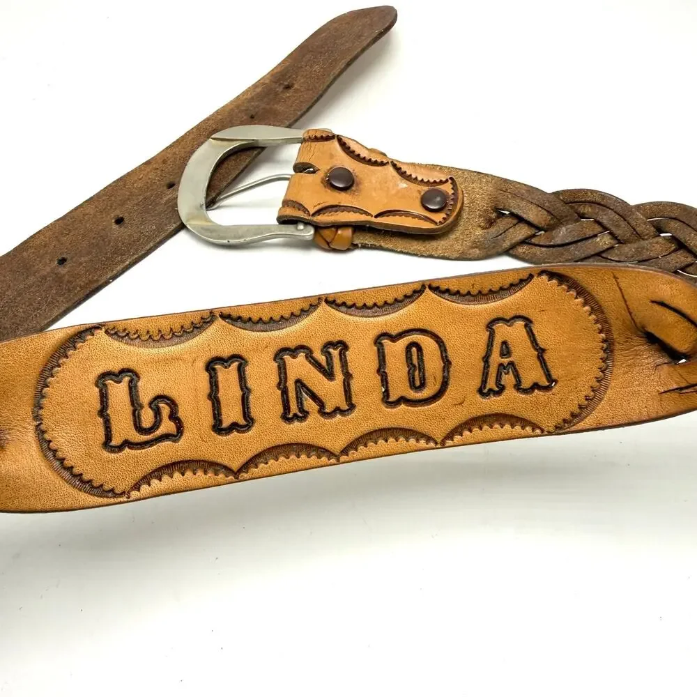 Linda Vintage Western Name Belt 34 Hand Tooled Braided Brown Leather Cowgirl